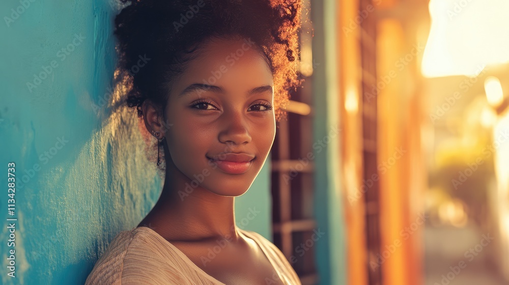 Fototapeta premium Vibrant portrait of a confident young woman in Cuba. Soft warm sunlight and colorful architecture.