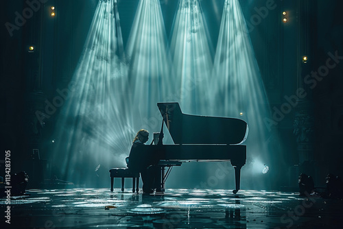 Pianist musician playing grand piano at classical traditional concert from stage under spotlights.