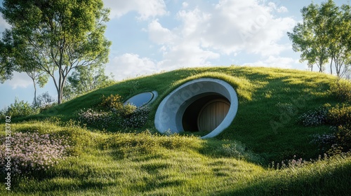 A hobbit-style underground home, with a grass-covered roof and a small, round door barely noticeable amidst the hillside