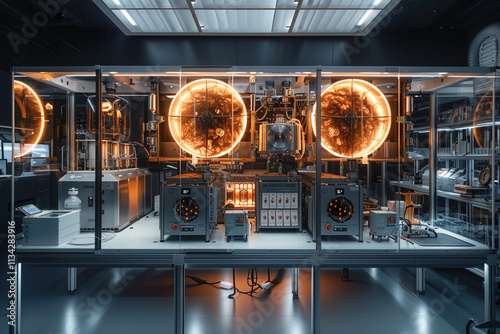Scientists conducting teleportation experiments in a modern laboratory setting