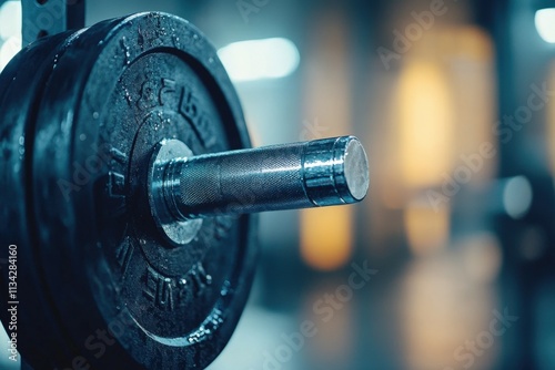 Close-up of dumbbells on a gym floor with a blurred background of exercise equipment, representing fitness and workout concepts.. Beautiful simple AI generated image photo