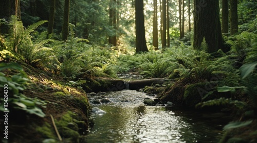 Forest stream with sunlight, ferns, moss, and trees.