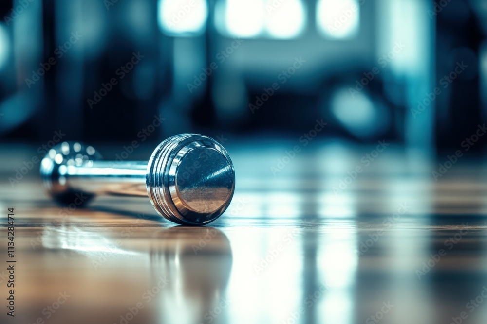 Close-up of blue dumbbell and barbell on a gym floor with gym background, perfect for fitness and strength training concepts.. Beautiful simple AI generated image Close-up of blue dumbbell and barbell on a gym floor with gym background, perfect for fitness and strength training concepts.. Beautiful simple AI generated image