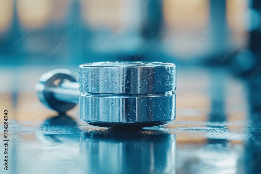 Close-up of a dumbbell in a gym setting, emphasizing fitness equipment and the ambiance of a workout space with warm lighting.. Beautiful simple AI generated image Close-up of a dumbbell in a gym setting, emphasizing fitness equipment and the ambiance of a workout space with warm lighting.. Beautiful simple AI generated image