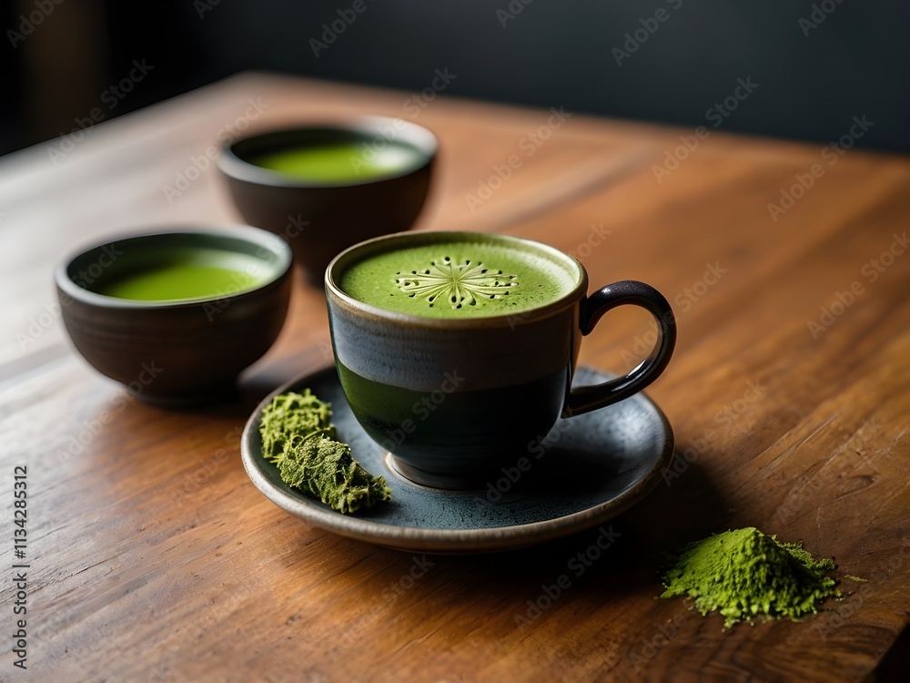 a cup of matcha on the table in the morning a cup of matcha on the table in the morning