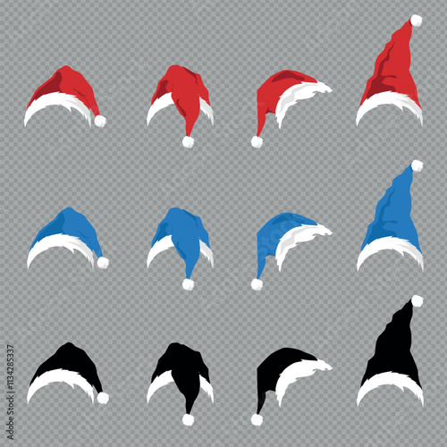 New Year Santa Claus Hats Set. Red, Blue and Isolated Styles