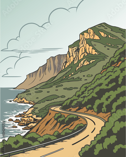 a view of chapmans peak, cape town ,white backgraoun