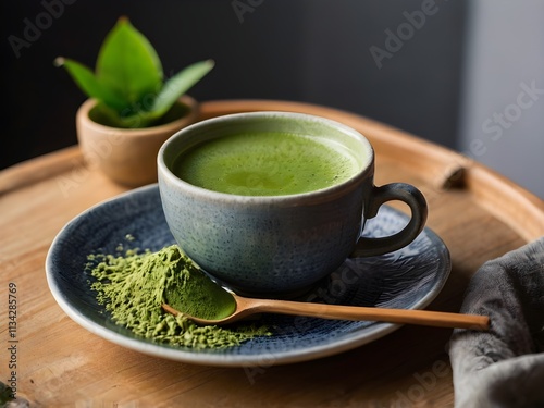 a cup of matcha on the table in the morning