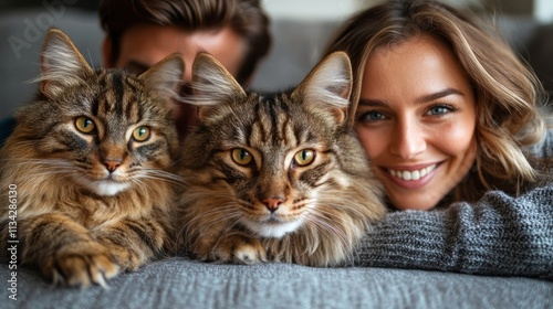 A woman smiles with two cats, showcasing a cozy and joyful moment.