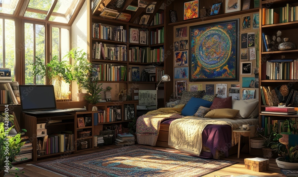 Sunlit room, bookshelves, bed, artwork, plants. Sunlit room, bookshelves, bed, artwork, plants.