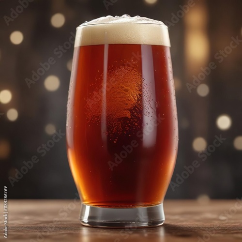 A close-up photo of a glass filled with rich, amber-colored barleywine ale, showcasing the intricate bubbles and frothy head on top ,  bubbles,  poured photo