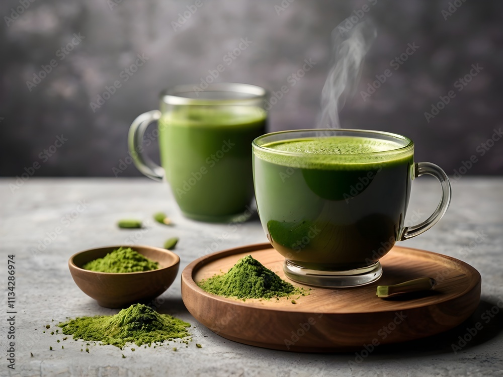 a cup of matcha on the table in the morning a cup of matcha on the table in the morning