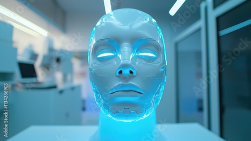 A sleek, white AI robot's face with advanced sensors, displaying an expressionless but highly intelligent appearance in a high-tech lab.