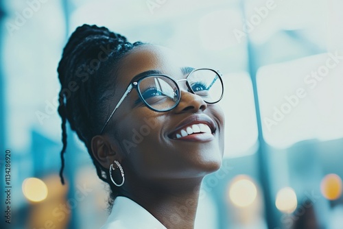 Happy smiling african-american business woman working on laptop at office. Businesswoman sitting at her working place. Beautiful simple AI generated image
