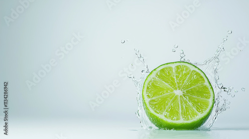 Fresh lime slice splashing in water with vibrant green tones and refreshing energy
