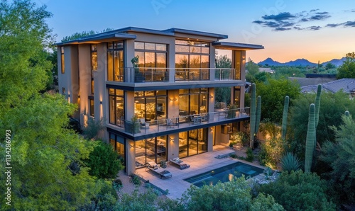 A modern, two-story house in the desert of Arizona with glass windows and tan wood accents photo