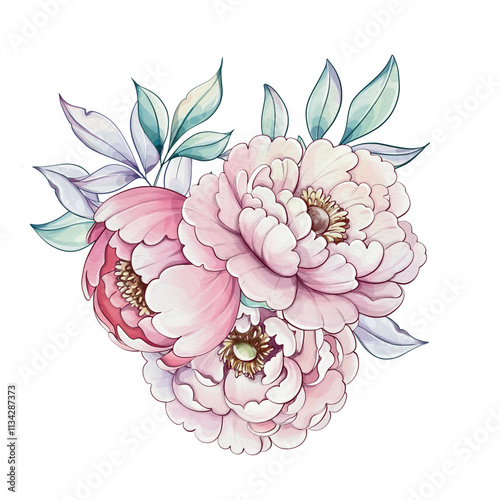 Captivating peonies in soft pink and white hues unveil their beauty with detailed petals and lush green leaves, evoking a serene spring ambiance