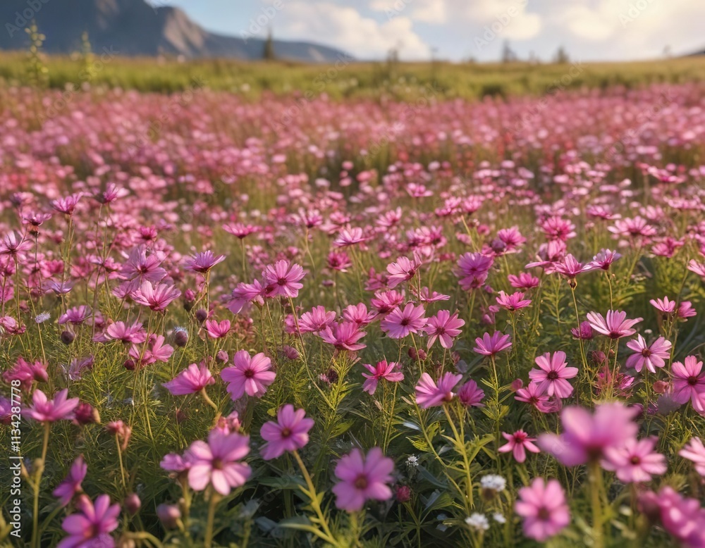 A field of pink wildflowers swaying gently in the breeze with a sunny sky above, pink, growth A field of pink wildflowers swaying gently in the breeze with a sunny sky above, pink, growth