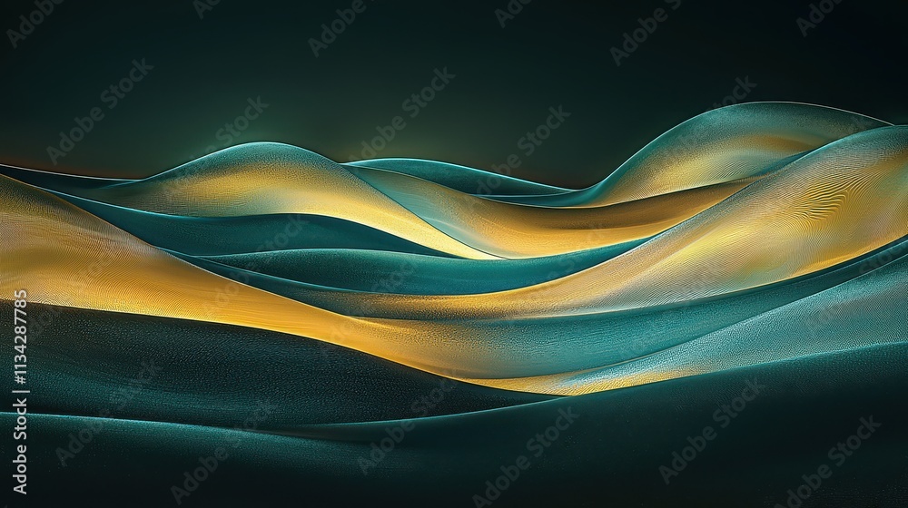 A glowing abstract landscape with luminous waves of gold and turquoise flowing into deep, dark shadows. The layered design feels expansive, resembling rolling dunes illuminated by moonlight, A glowing abstract landscape with luminous waves of gold and turquoise flowing into deep, dark shadows. The layered design feels expansive, resembling rolling dunes illuminated by moonlight,