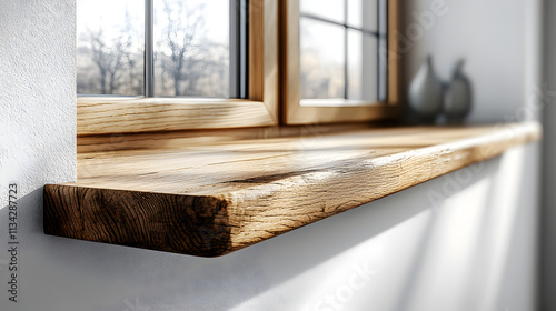 Close-up of an oak window sill on a white wall, highlighting the natural texture of the wood and the minimalist design, offering a calm and clean aesthetic suitable for interior design and home decora