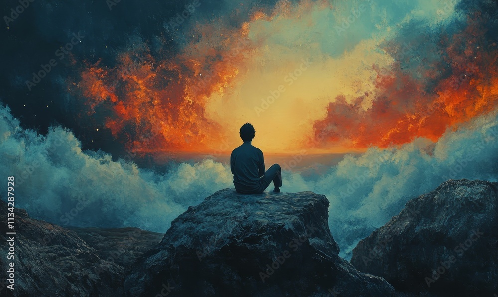 Solitary figure contemplates fiery, turbulent seascape. Solitary figure contemplates fiery, turbulent seascape.