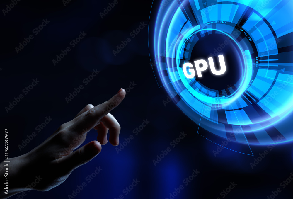 GPU Graphic processor unit. Hands pressing button virtual screen. GPU Graphic processor unit. Hands pressing button virtual screen.