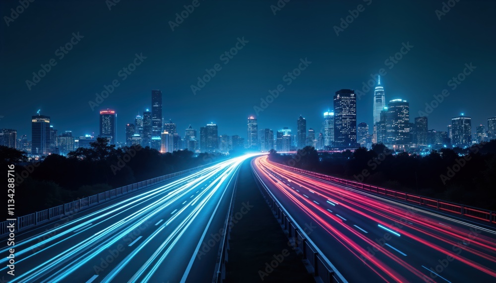 Fototapeta premium Modern city highway at night. Cars move fast. Light trails show movement. Tall buildings stand behind. Futuristic urban tech scene. Night vision. Advanced tech. Dynamic urban landscape. City lights