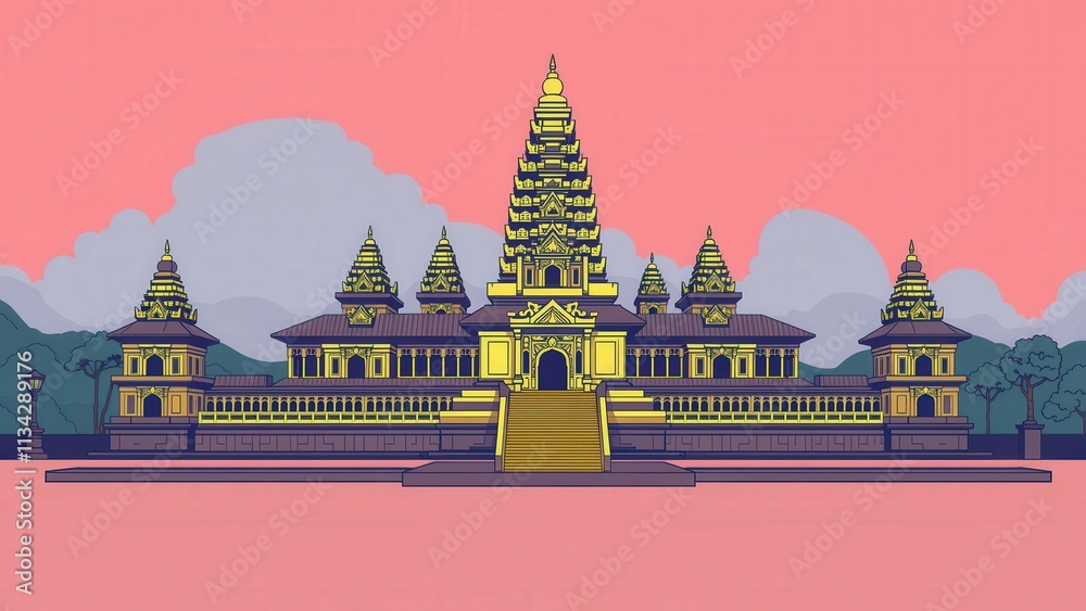 Naklejka premium Vibrant Pink Temple Illustration: Perfect for Home Decor, Wall Art, or Digital Backgrounds