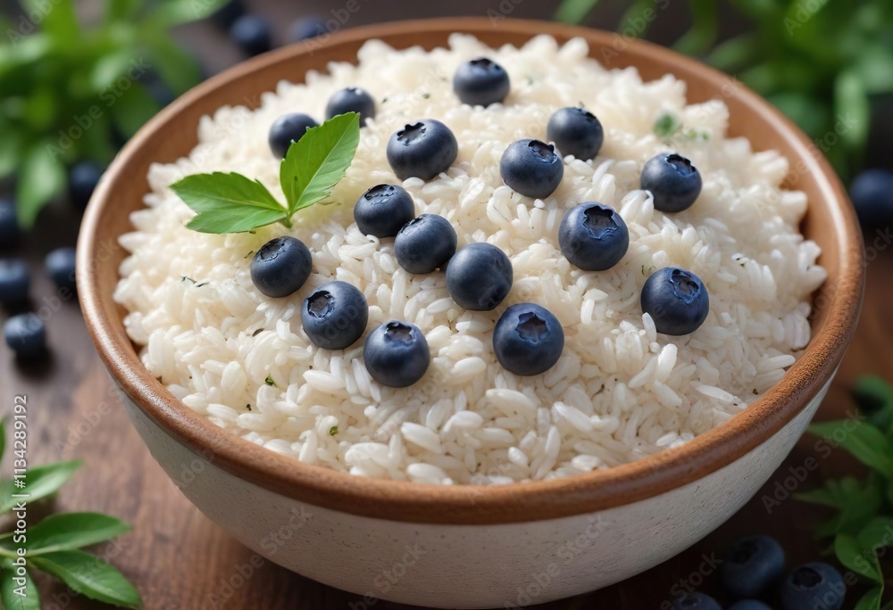 A bowl filled with uncooked white rice grains, topped with an assortment of fresh blueberries and a sprinkle of crunchy green leaves , kitchen, crunchy, fruit A bowl filled with uncooked white rice grains, topped with an assortment of fresh blueberries and a sprinkle of crunchy green leaves , kitchen, crunchy, fruit