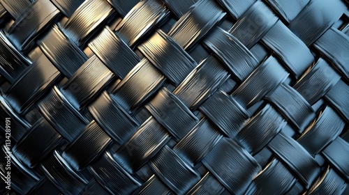 A metallic mesh background with interlocking silver and gray patterns creating a dynamic industrial texture. Subtle highlights and shadows enhance the three-dimensional effect, adding depth 