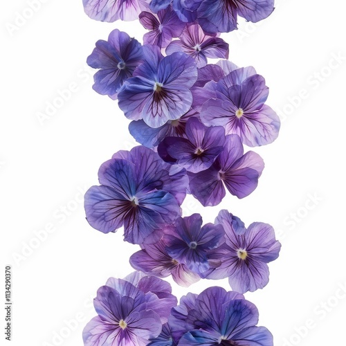 Studio shot of beautiful purple pansies creating a vertical floral arrangement