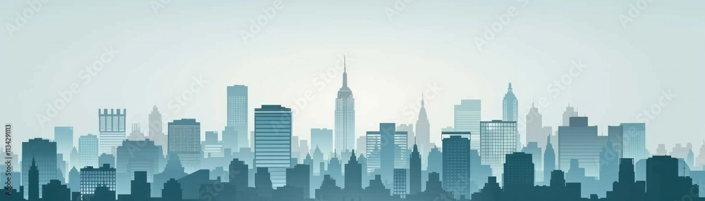 Naklejka premium A minimalist skyline illustration featuring tall buildings and a prominent tower set against a light background.