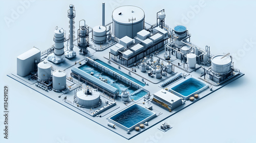 A detailed industrial facility layout with tanks, pipelines, and processing units.