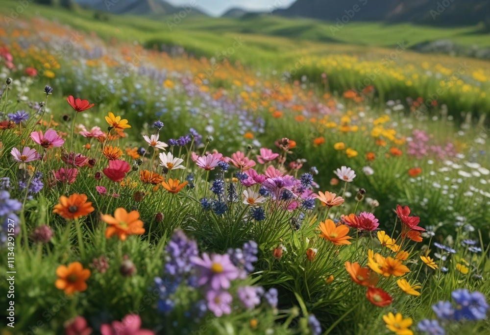 A serene and peaceful scene of multicolored wildflowers swaying in the breeze amidst a lush green field, nature, scenery A serene and peaceful scene of multicolored wildflowers swaying in the breeze amidst a lush green field, nature, scenery