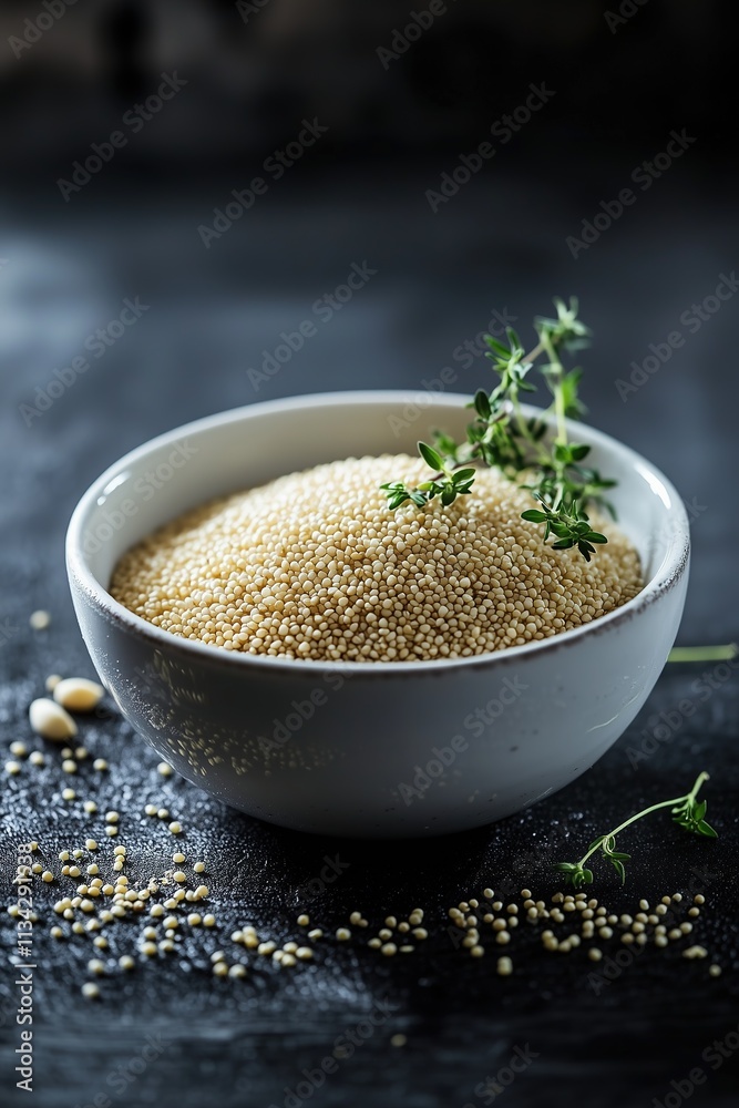 Minimalist Amaranth Millet Dish in White Bowl with Fresh Herbs, Photographed in Macro Detail Minimalist Amaranth Millet Dish in White Bowl with Fresh Herbs, Photographed in Macro Detail
