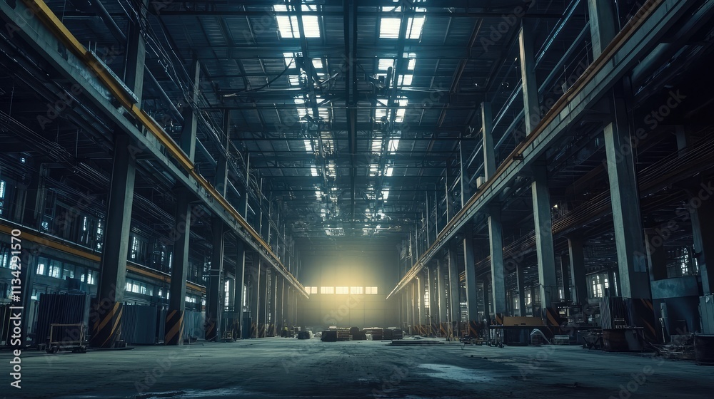 A large warehouse being constructed in an industrial area, with steel beams and columns forming the initial framework A large warehouse being constructed in an industrial area, with steel beams and columns forming the initial framework