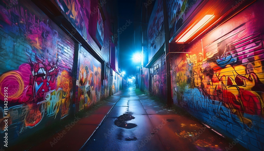 Vibrant alleyway illuminated by colorful graffiti. Vibrant alleyway illuminated by colorful graffiti.