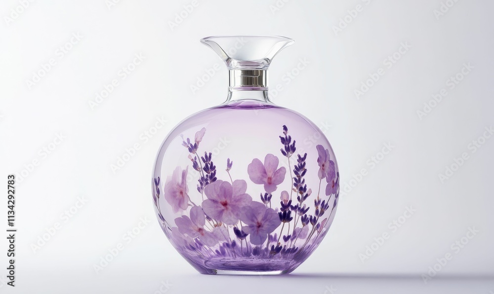 Glass bottle; purple liquid; embedded flowers. Glass bottle; purple liquid; embedded flowers.