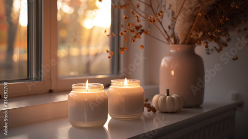 Fototapeta Naklejka Na Ścianę i Meble -  cozy fall scene with candles and pumpkins, in front of an open window, with dried flowers in the background, soft warm lighting, close-up on two white candle jars