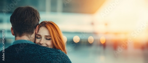 A warm embrace between a couple, captured in a softly lit environment, reflecting love and connection against a blurred background. photo