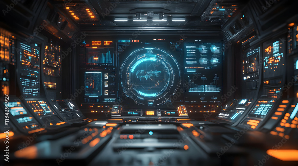 Futuristic control room with glowing screens and data displays. Futuristic control room with glowing screens and data displays.