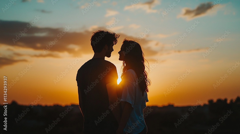 Silhouetted couple facing each other at sunset. Silhouetted couple facing each other at sunset.