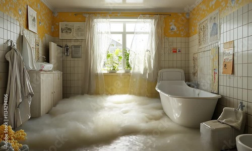 Flooded bathroom with overflowing bathtub, water splashing, and damaged walls.