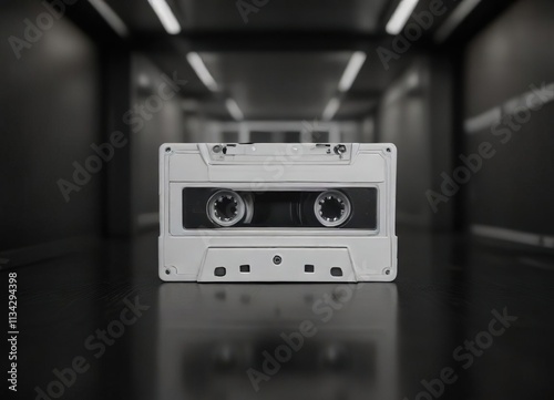 A white cassette tape in the center of a dark room , isolated space, dark environment