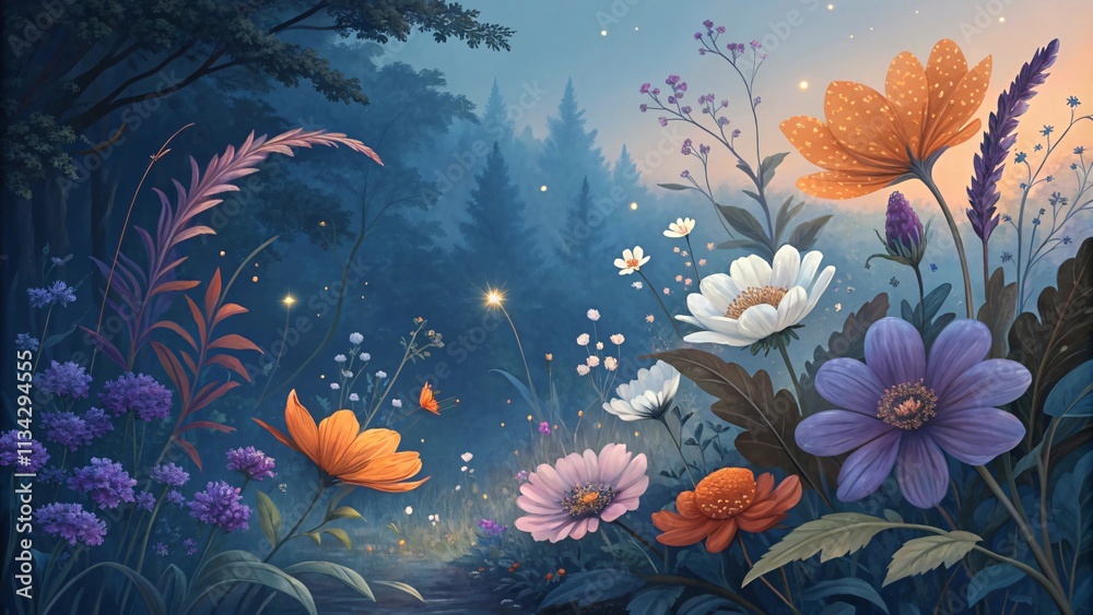 Fototapeta Enchanting Garden of Vibrant Flowers in Magical Twilight Light V1