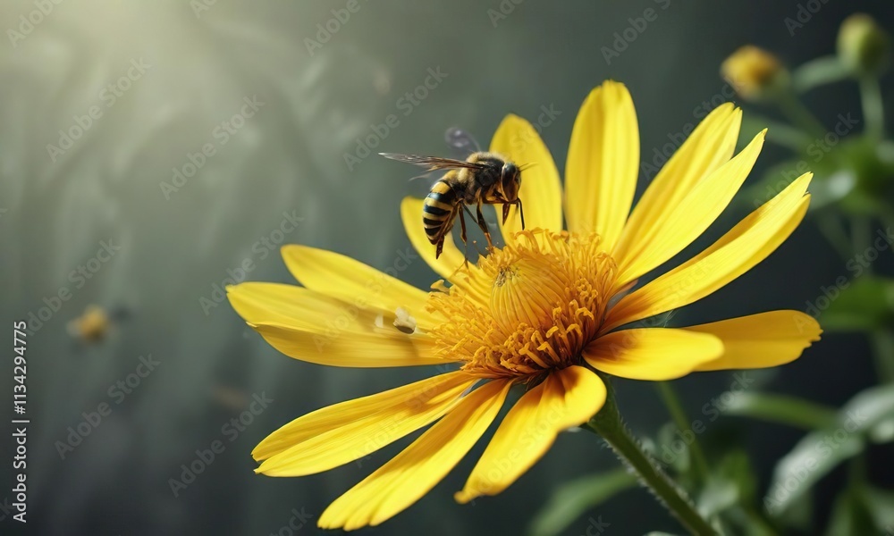 A yellow flower with a wasp hovering around its center, pollination, flowers A yellow flower with a wasp hovering around its center, pollination, flowers
