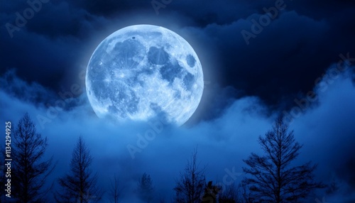 "Halloween Night: Full Moon and a Dense Blue Mist"