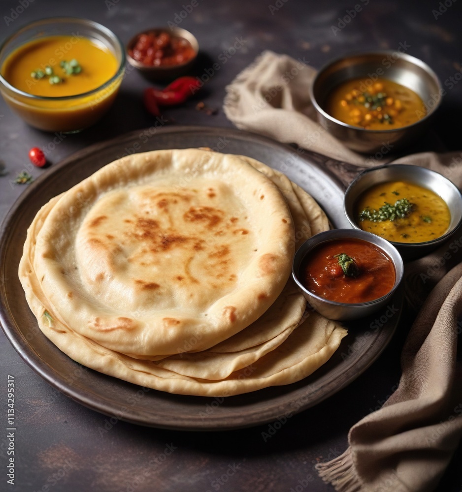 Angarka roti served with a dollop of ghee and chutney, condiments, food photography Angarka roti served with a dollop of ghee and chutney, condiments, food photography