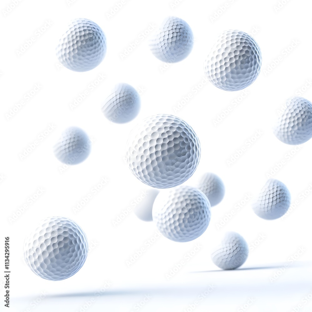 A collection of floating white golf balls against a bright background. A collection of floating white golf balls against a bright background.