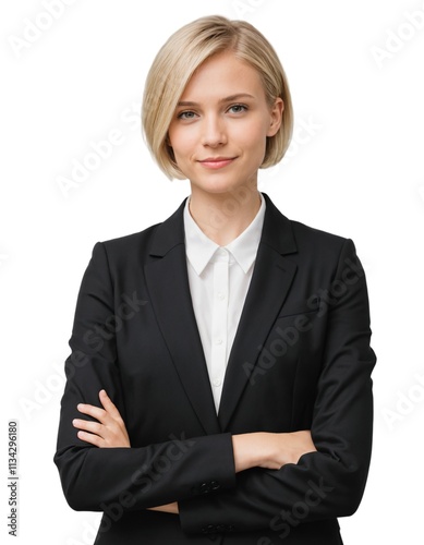 women with shorthair wearing office attire with crossed arms . ai generate 